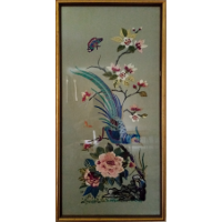 Large blue bird and pink flowers 33 x 68 cm